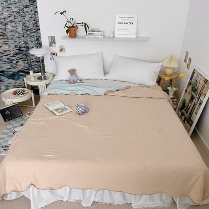 91家纺网 家纺一手货源 找家纺 星期八 2022新款马卡龙针织棉大豆夏被 卡其天蓝