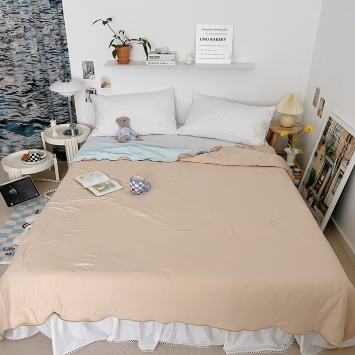 91家纺网 家纺一手货源 找家纺 星期八 2022新款马卡龙针织棉大豆夏被 卡其天蓝