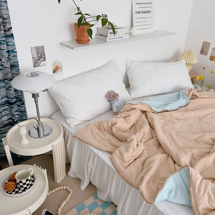 91家纺网 家纺一手货源 找家纺 星期八 2022新款马卡龙针织棉大豆夏被 卡其天蓝