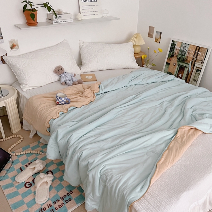 91家纺网 家纺一手货源 找家纺 星期八 2022新款马卡龙针织棉大豆夏被 卡其天蓝