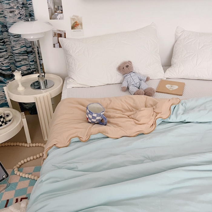 91家纺网 家纺一手货源 找家纺 星期八 2022新款马卡龙针织棉大豆夏被 卡其天蓝