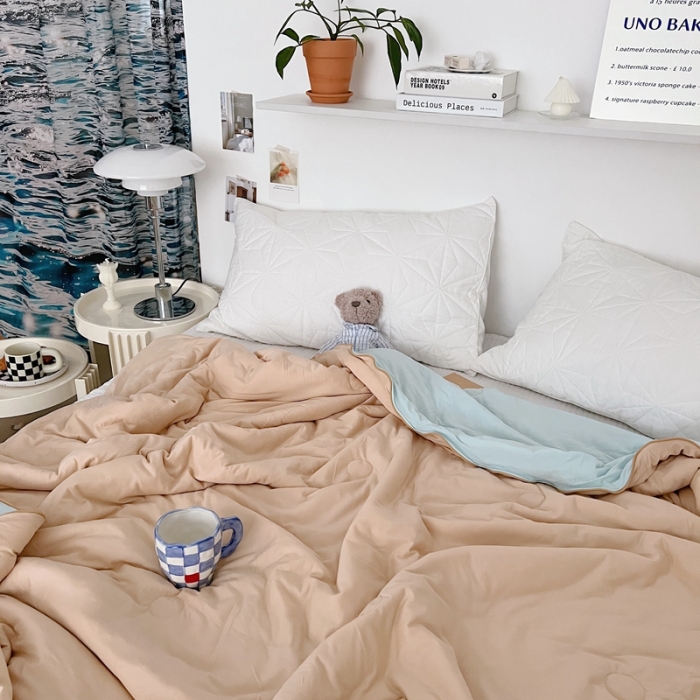 91家纺网 家纺一手货源 找家纺 星期八 2022新款马卡龙针织棉大豆夏被 卡其天蓝