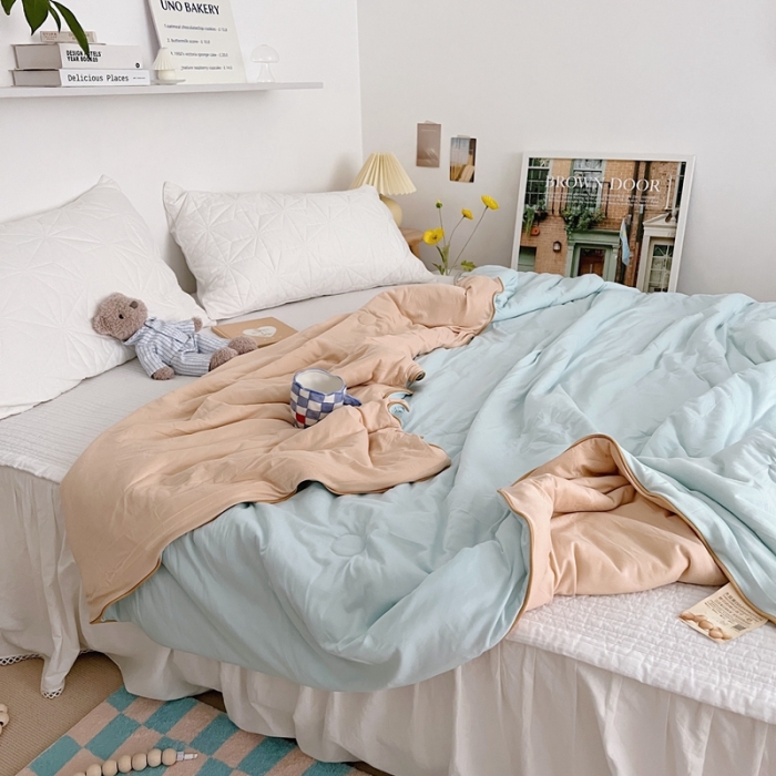 91家纺网 家纺一手货源 找家纺 星期八 2022新款马卡龙针织棉大豆夏被 卡其天蓝