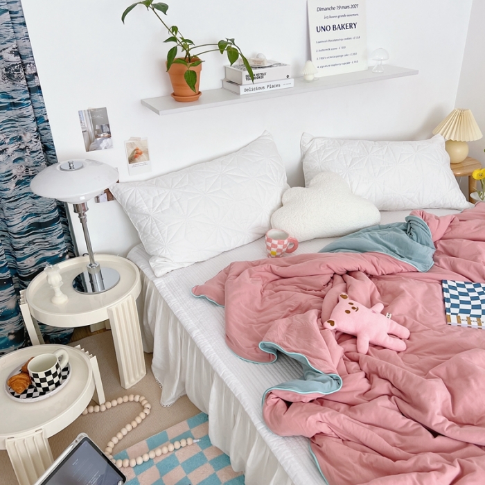 91家纺网 家纺一手货源 找家纺 星期八 2022新款马卡龙针织棉大豆夏被 藕粉豆绿