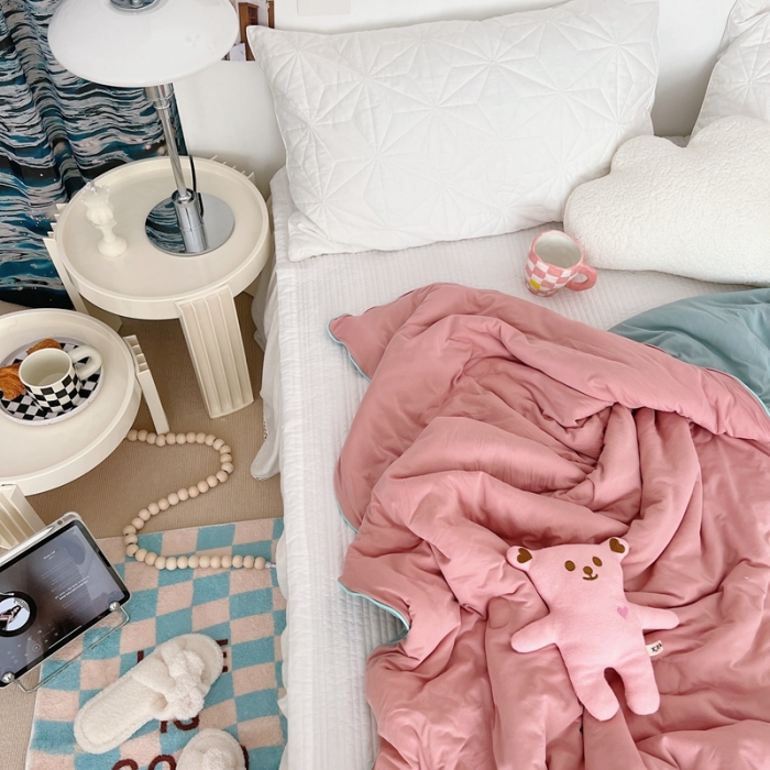 91家纺网 家纺一手货源 找家纺 星期八 2022新款马卡龙针织棉大豆夏被 藕粉豆绿