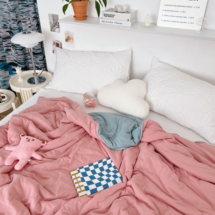 91家纺网 家纺一手货源 找家纺 星期八 2022新款马卡龙针织棉大豆夏被 藕粉豆绿