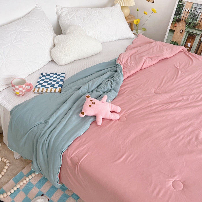 91家纺网 家纺一手货源 找家纺 星期八 2022新款马卡龙针织棉大豆夏被 藕粉豆绿