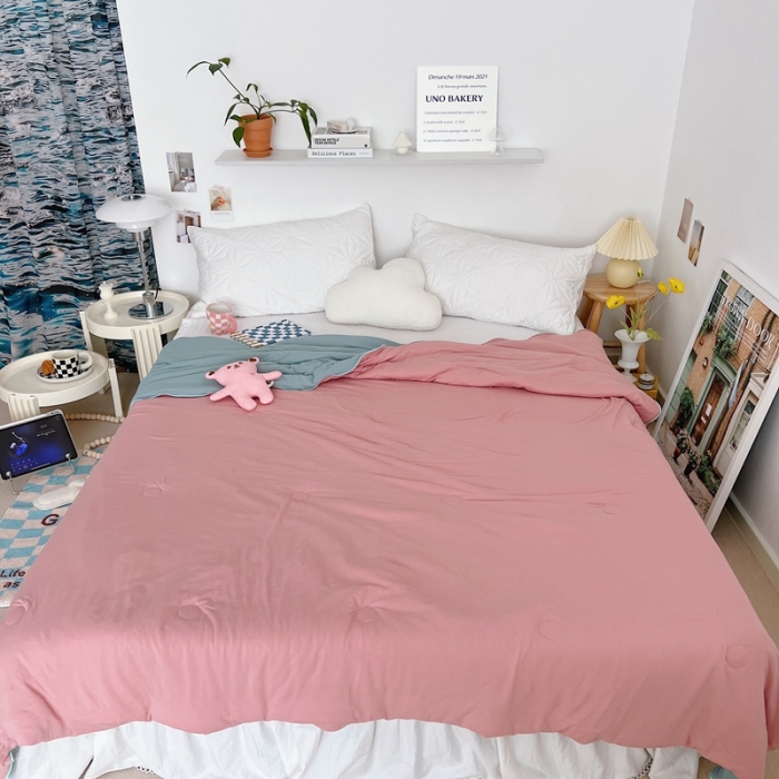 91家纺网 家纺一手货源 找家纺 星期八 2022新款马卡龙针织棉大豆夏被 藕粉豆绿