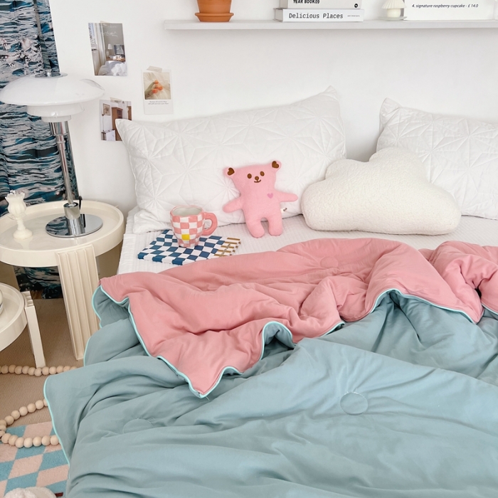 91家纺网 家纺一手货源 找家纺 星期八 2022新款马卡龙针织棉大豆夏被 藕粉豆绿