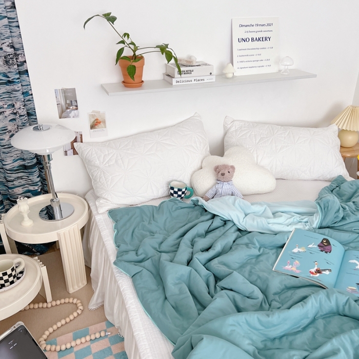 91家纺网 家纺一手货源 找家纺 星期八 2022新款马卡龙针织棉大豆夏被 深豆绿浅豆绿