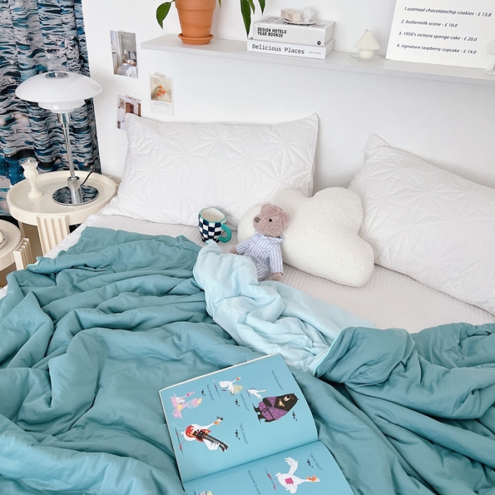 91家纺网 家纺一手货源 找家纺 星期八 2022新款马卡龙针织棉大豆夏被 深豆绿浅豆绿