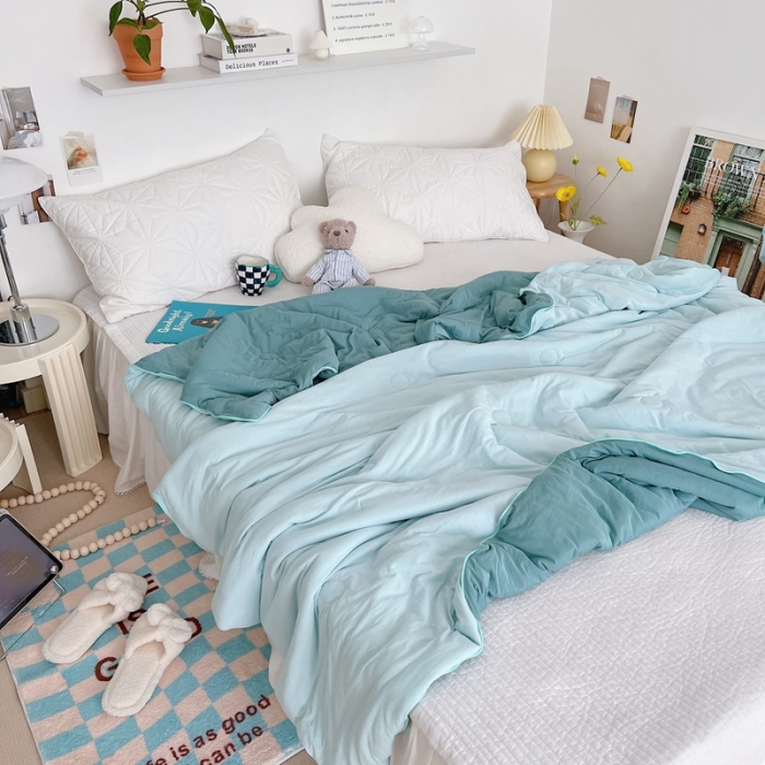 91家纺网 家纺一手货源 找家纺 星期八 2022新款马卡龙针织棉大豆夏被 深豆绿浅豆绿