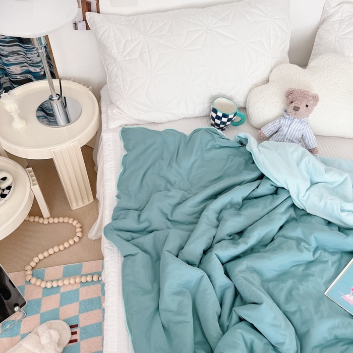 91家纺网 家纺一手货源 找家纺 星期八 2022新款马卡龙针织棉大豆夏被 深豆绿浅豆绿