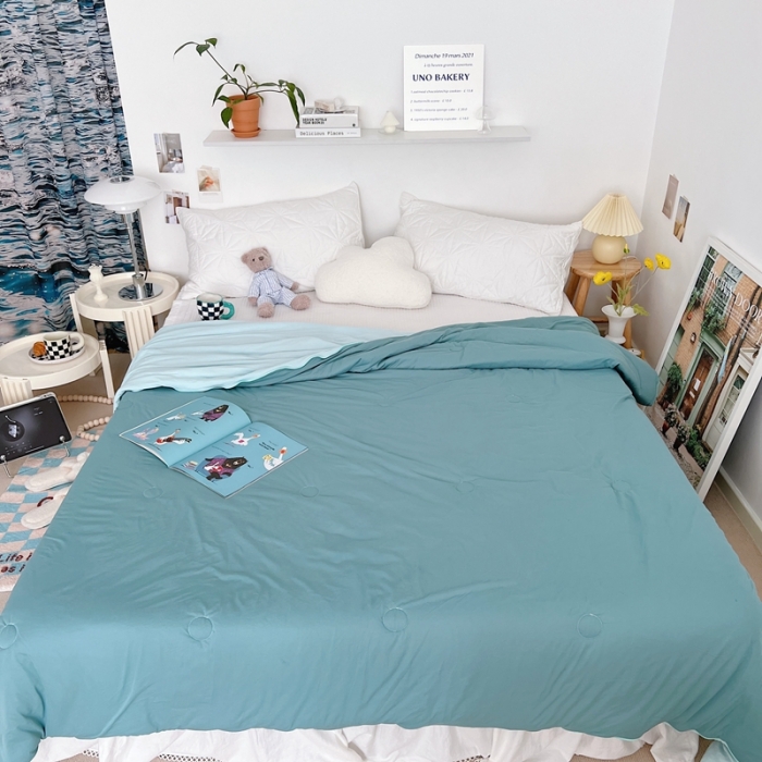 91家纺网 家纺一手货源 找家纺 星期八 2022新款马卡龙针织棉大豆夏被 深豆绿浅豆绿