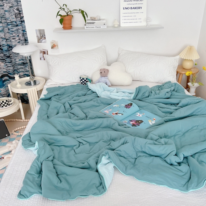 91家纺网 家纺一手货源 找家纺 星期八 2022新款马卡龙针织棉大豆夏被 深豆绿浅豆绿