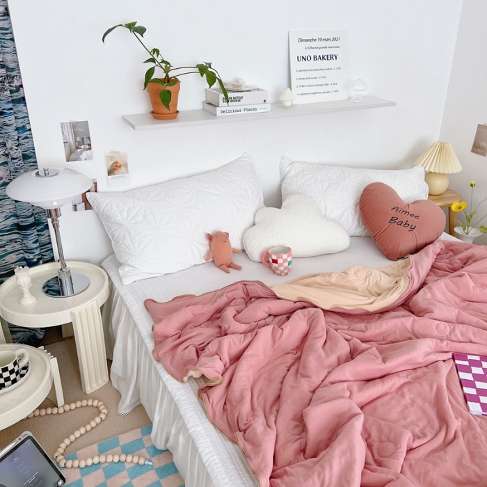 91家纺网 家纺一手货源 找家纺 星期八 2022新款马卡龙针织棉大豆夏被 深粉浅粉