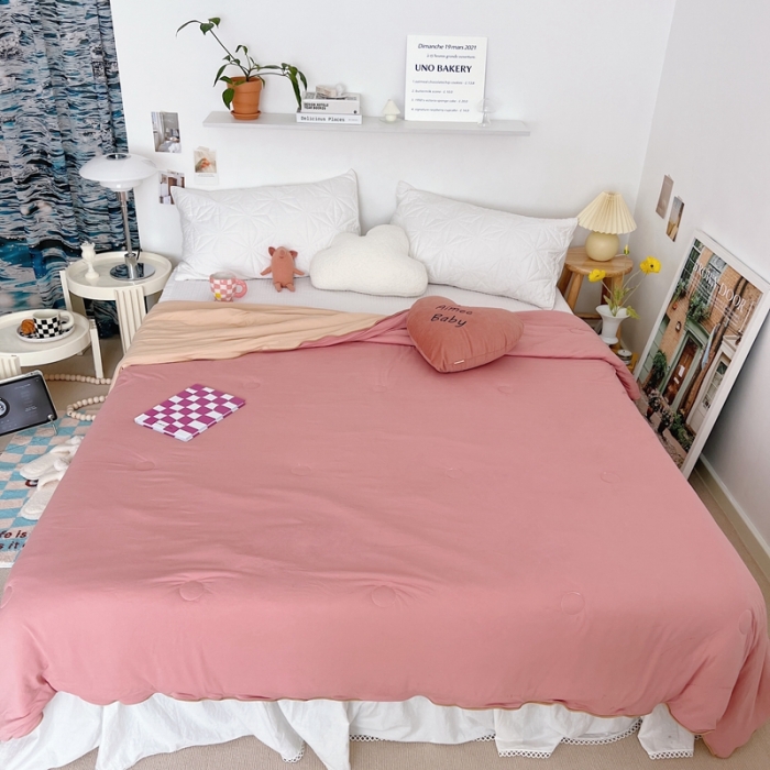 91家纺网 家纺一手货源 找家纺 星期八 2022新款马卡龙针织棉大豆夏被 深粉浅粉