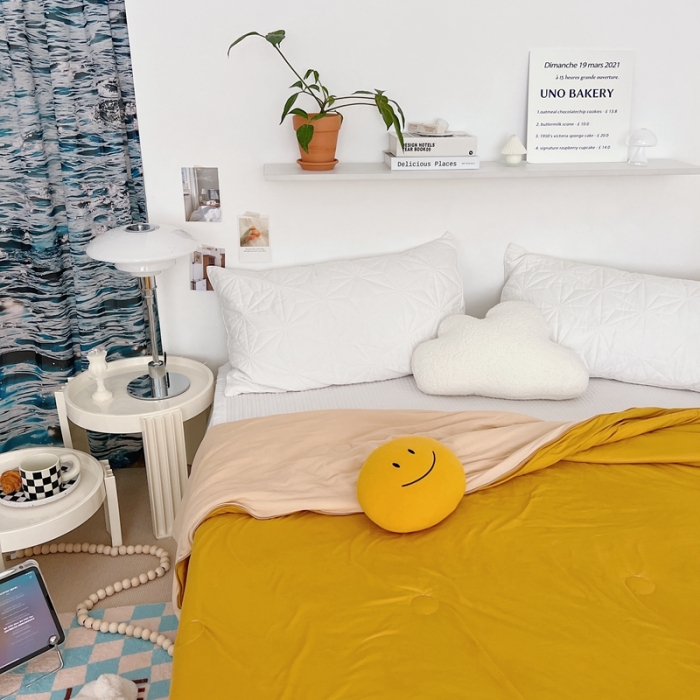 91家纺网 家纺一手货源 找家纺 星期八 2022新款马卡龙针织棉大豆夏被 深黄浅黄