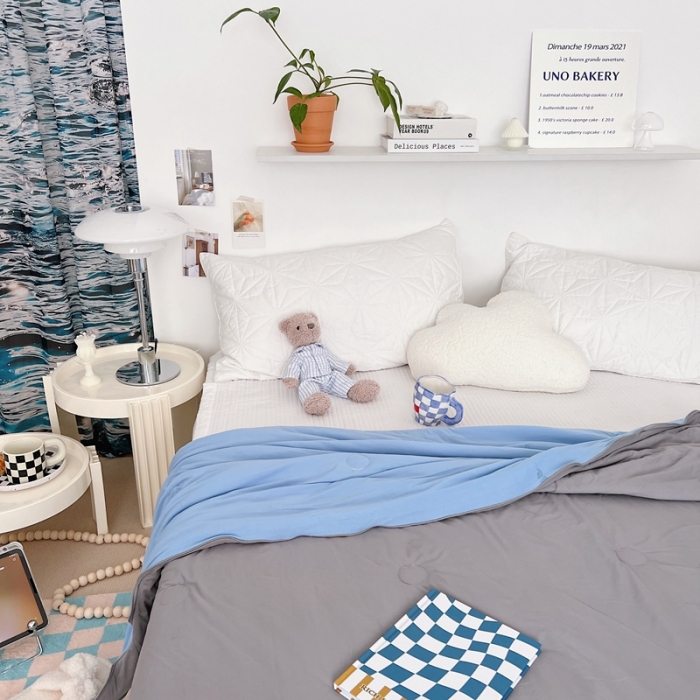 91家纺网 家纺一手货源 找家纺 星期八 2022新款马卡龙针织棉大豆夏被 深灰天蓝