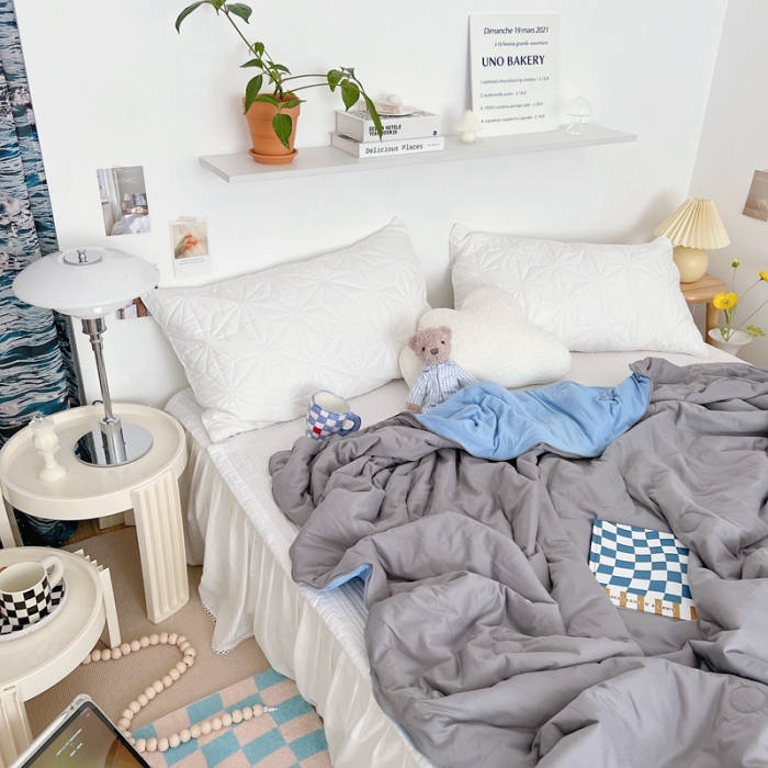 91家纺网 家纺一手货源 找家纺 星期八 2022新款马卡龙针织棉大豆夏被 深灰天蓝