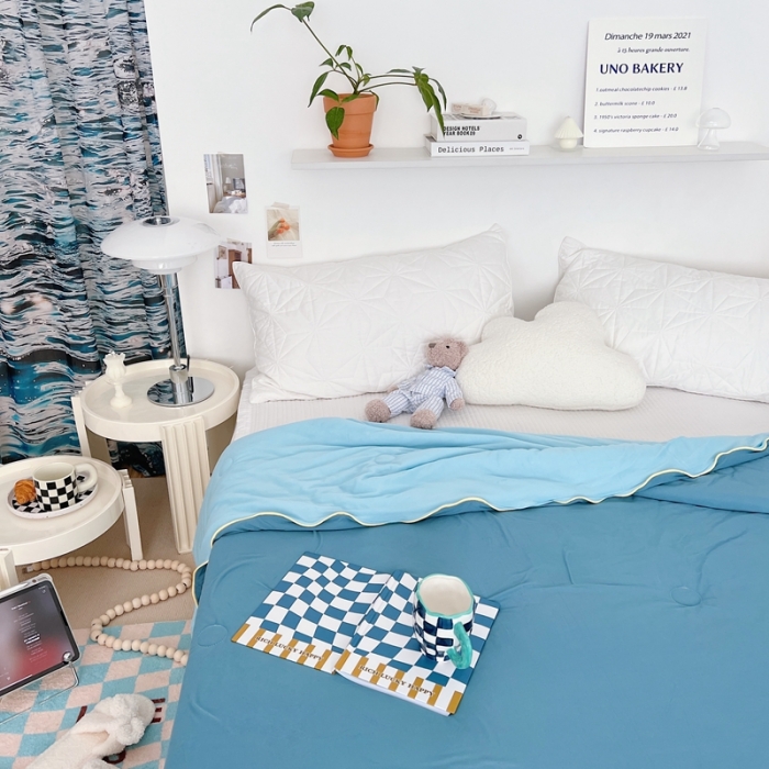 91家纺网 家纺一手货源 找家纺 星期八 2022新款马卡龙针织棉大豆夏被 深蓝浅蓝