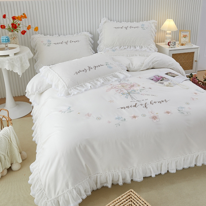 91家纺网 家纺一手货源 找家纺 亲亲公主 新款全棉韩版公主风四件套-美丽邂逅 白色