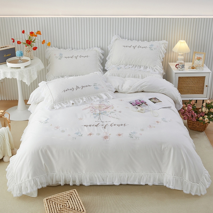 91家纺网 家纺一手货源 找家纺 亲亲公主 新款全棉韩版公主风四件套-美丽邂逅 白色