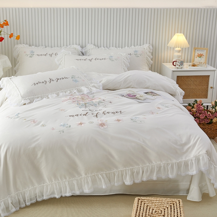 91家纺网 家纺一手货源 找家纺 亲亲公主 新款全棉韩版公主风四件套-美丽邂逅 白色