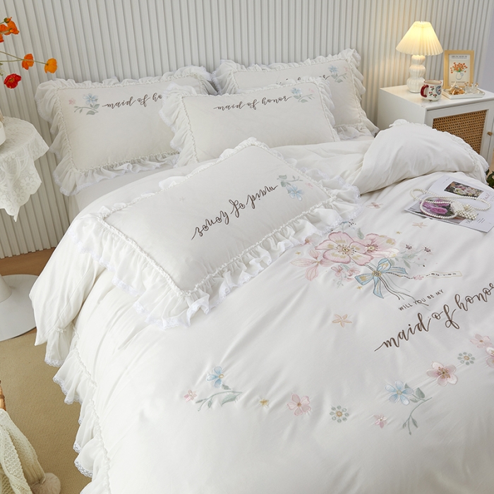 91家纺网 家纺一手货源 找家纺 亲亲公主 新款全棉韩版公主风四件套-美丽邂逅 白色