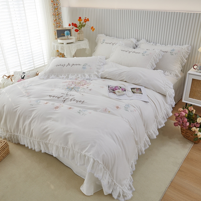 91家纺网 家纺一手货源 找家纺 亲亲公主 新款全棉韩版公主风四件套-美丽邂逅 白色