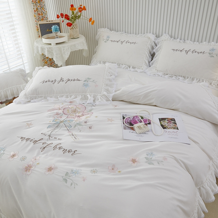 91家纺网 家纺一手货源 找家纺 亲亲公主 新款全棉韩版公主风四件套-美丽邂逅 白色