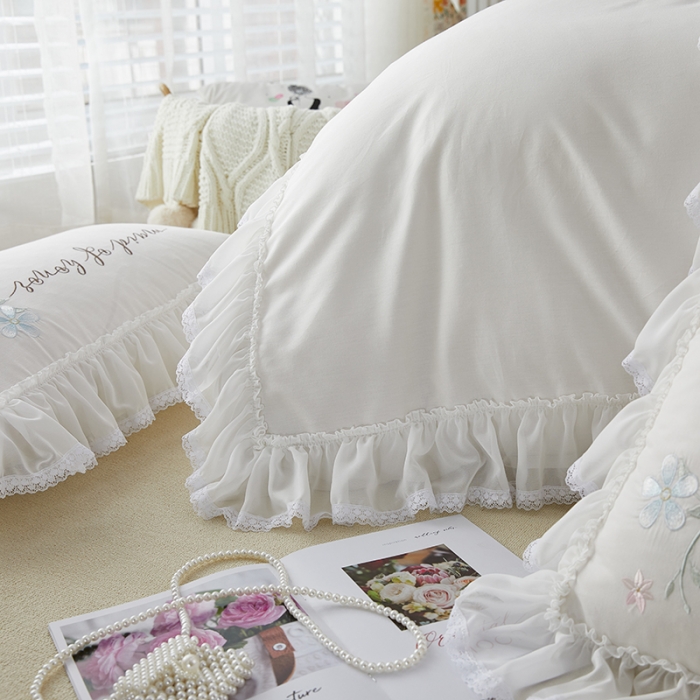 91家纺网 家纺一手货源 找家纺 亲亲公主 新款全棉韩版公主风四件套-美丽邂逅 白色