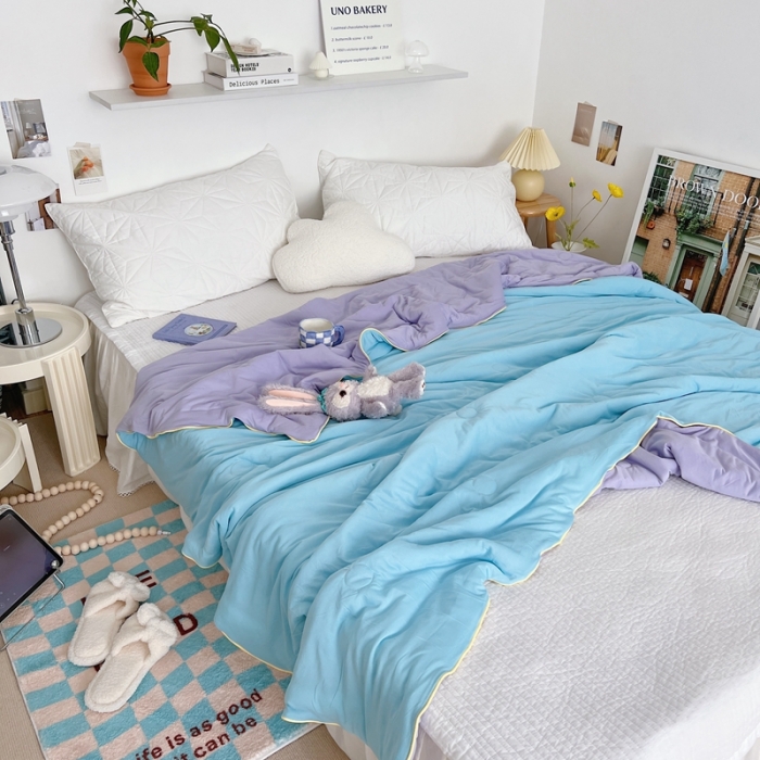 91家纺网 家纺一手货源 找家纺 星期八 2022新款马卡龙针织棉大豆夏被 紫蓝