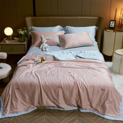 91家纺网 家纺一手货源 找家纺 兄弟坊 2022新款天丝莫代尔绣花夏被四件套 蜜桃-粉玉