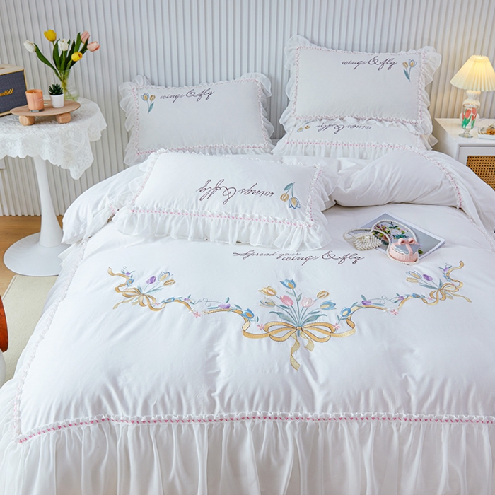 91家纺网 家纺一手货源 找家纺 亲亲公主 新款全棉公主风韩版四件套-温馨时光 白色