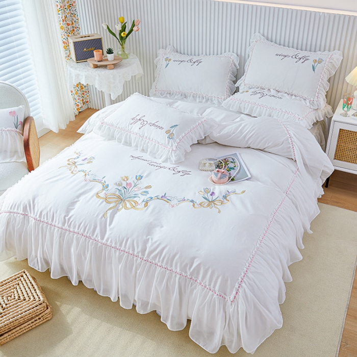 91家纺网 家纺一手货源 找家纺 亲亲公主 新款全棉公主风韩版四件套-温馨时光 白色