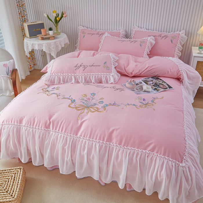 91家纺网 家纺一手货源 找家纺 亲亲公主 新款全棉公主风韩版四件套-温馨时光 粉色