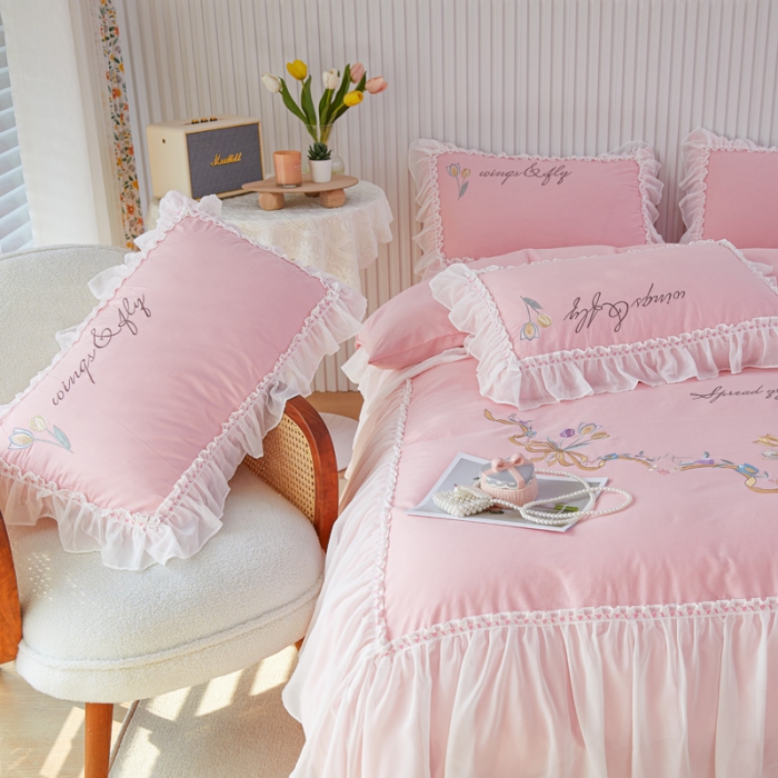 91家纺网 家纺一手货源 找家纺 亲亲公主 新款全棉公主风韩版四件套-温馨时光 粉色