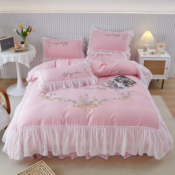 91家纺网 家纺一手货源 找家纺 亲亲公主 新款全棉公主风韩版四件套-温馨时光 粉色