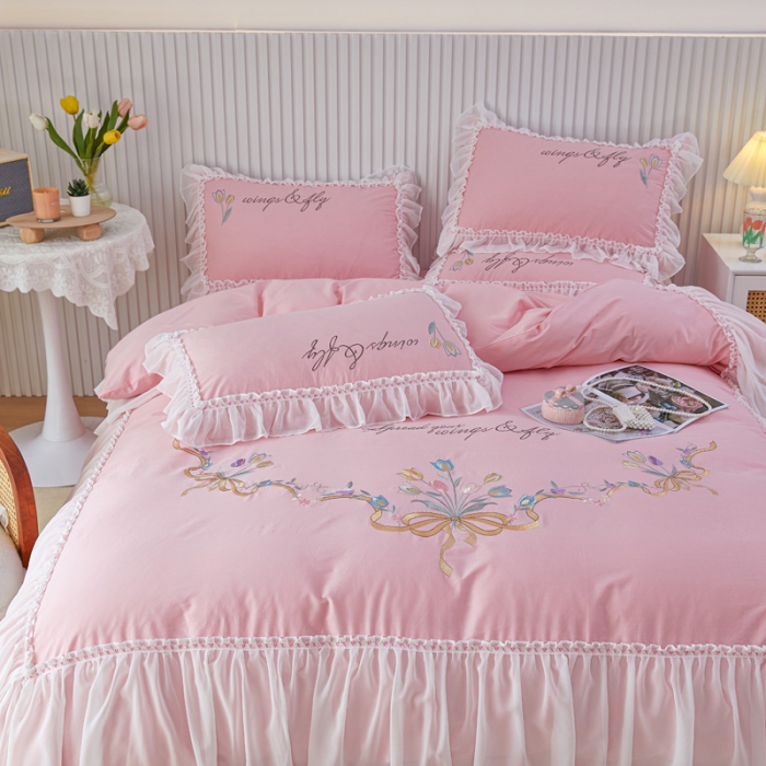 91家纺网 家纺一手货源 找家纺 亲亲公主 新款全棉公主风韩版四件套-温馨时光 粉色