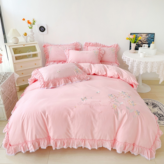 91家纺网 家纺一手货源 找家纺 亲亲公主新款全棉韩版公主风四件套-恋恋花语 粉色