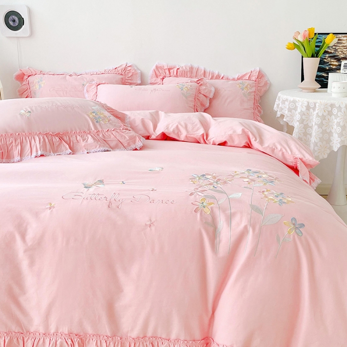 91家纺网 家纺一手货源 找家纺 亲亲公主新款全棉韩版公主风四件套-恋恋花语 粉色