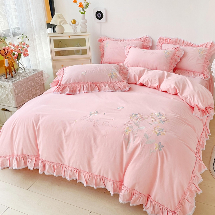 91家纺网 家纺一手货源 找家纺 亲亲公主新款全棉韩版公主风四件套-恋恋花语 粉色