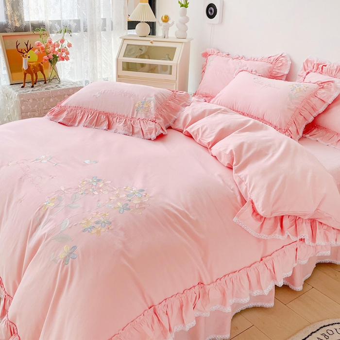 91家纺网 家纺一手货源 找家纺 亲亲公主新款全棉韩版公主风四件套-恋恋花语 粉色