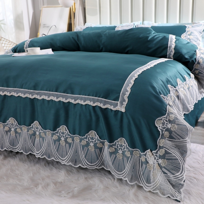 91家纺网 家纺一手货源 找家纺 2022晶缦全棉60长绒棉蕾丝四件套 艾丽莎-宝石蓝