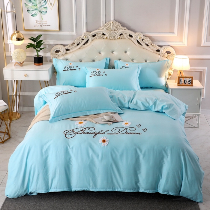 91家纺网 家纺一手货源 找家纺 2022晶缦雏菊全棉13372毛巾绣四件套 美梦雏菊-天蓝