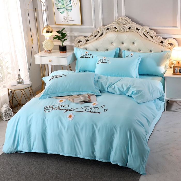 91家纺网 家纺一手货源 找家纺 2022晶缦雏菊全棉13372毛巾绣四件套 美梦雏菊-天蓝