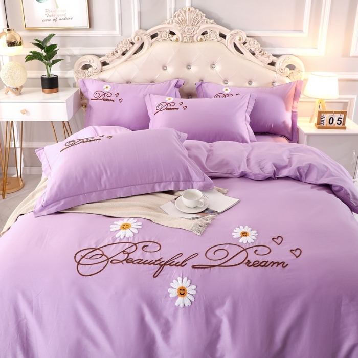 91家纺网 家纺一手货源 找家纺 2022晶缦雏菊全棉13372毛巾绣四件套 美梦雏菊-浅紫