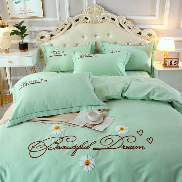 91家纺网 家纺一手货源 找家纺 2022晶缦雏菊全棉13372毛巾绣四件套 美梦雏菊-浅绿