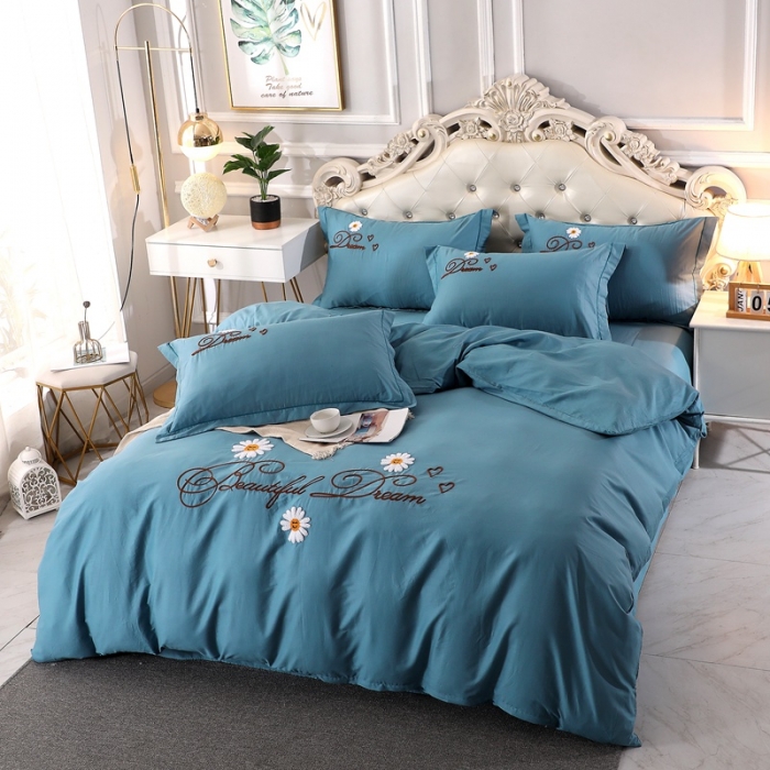 91家纺网 家纺一手货源 找家纺 2022晶缦雏菊全棉13372毛巾绣四件套 美梦雏菊-湖蓝